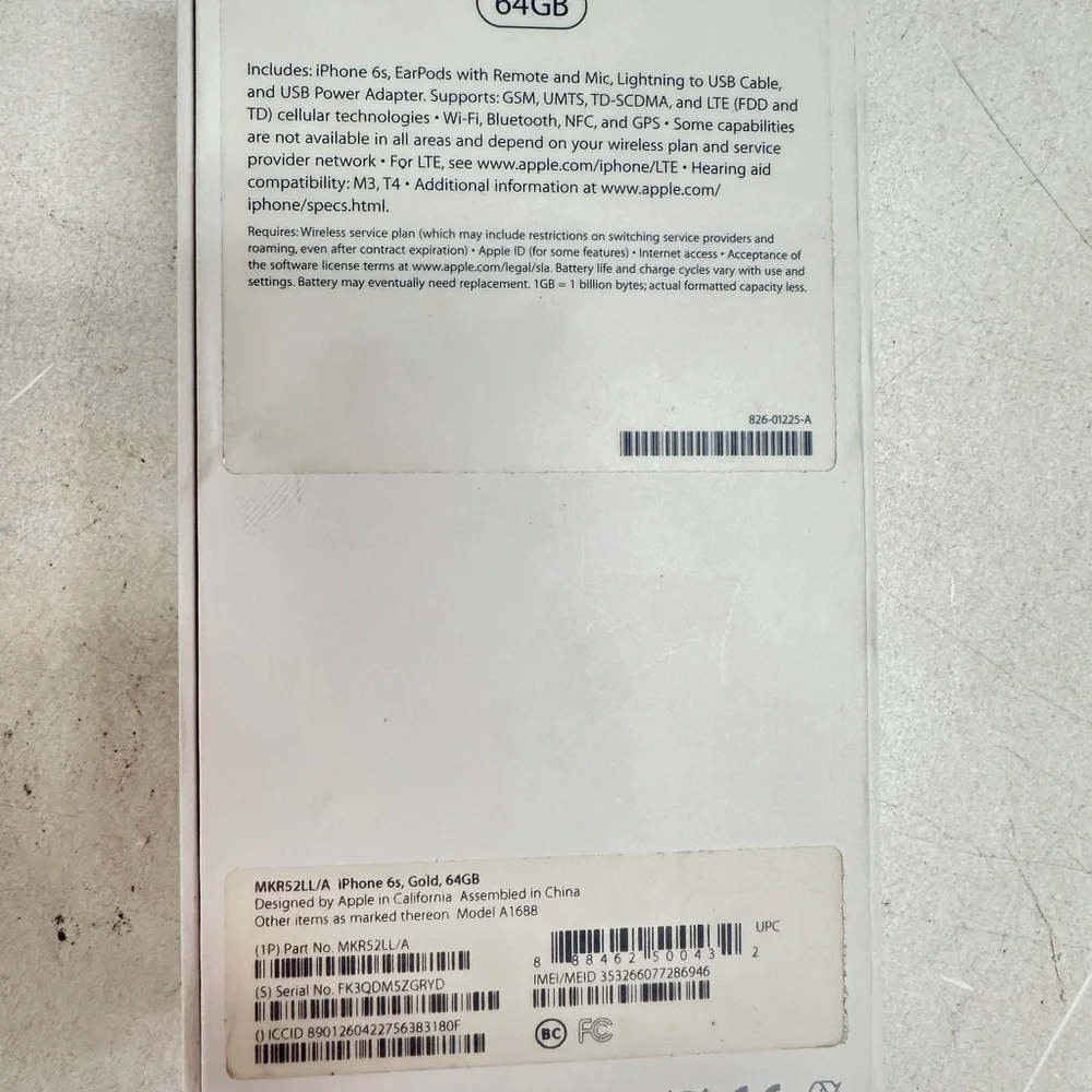 BOX ONLY Apple iPhone 6s - Gold 64Gb w/papers and stickers inside